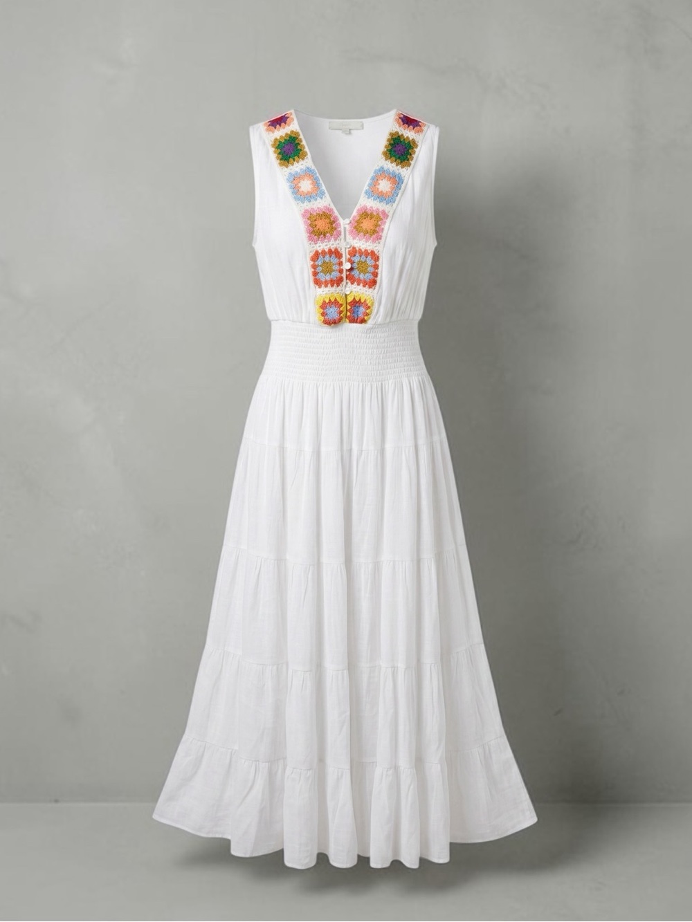 J Gee White Boho Tiered Maxi Dress with Colorful Granny Square Crochet Trim